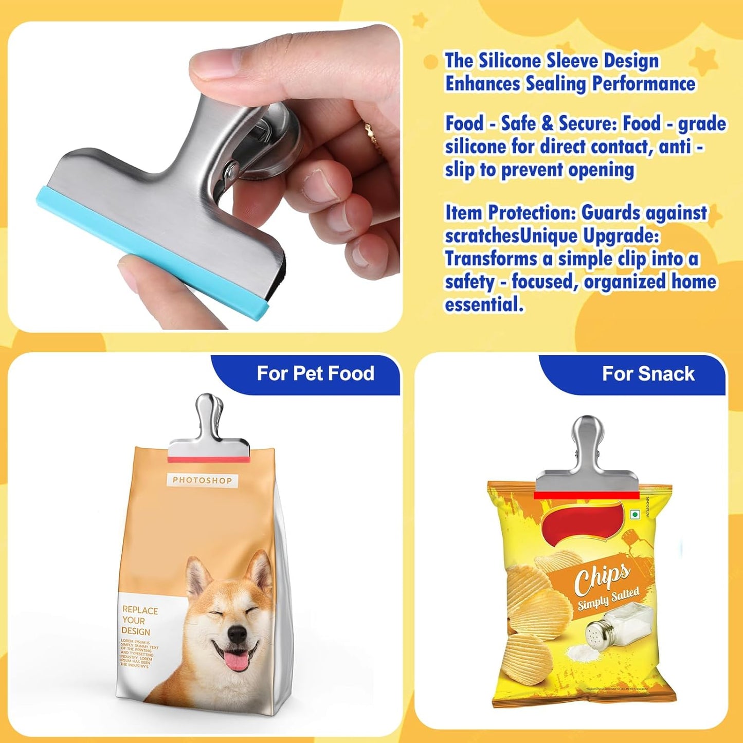 6 Pack Stainless Steel Chip Bag Clips Covered with Silicone - NO More Sharp Edges - Color Coded for Food Bags - Air Tight Seal, Heavy Duty for Kitchen and Office, 3 Inches, Red,Yellow,Blue