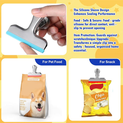 6 Pack Stainless Steel Chip Bag Clips Covered with Silicone - NO More Sharp Edges - Color Coded for Food Bags - Air Tight Seal, Heavy Duty for Kitchen and Office, 3 Inches, Red,Yellow,Blue