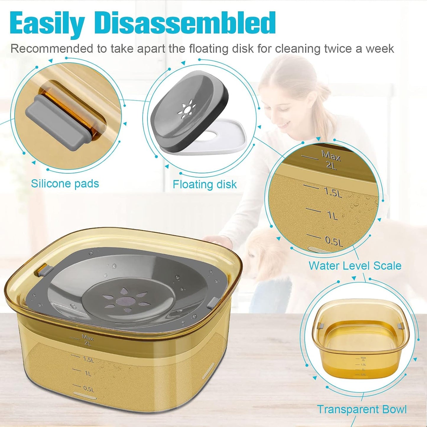 70oz Dog Water Bowl, No Spill Slow Drinking Feeder for Messy Drinker | Large Capacity, Spill Proof, Prevent Pet Prevents Choking, Anti-Slip, Visible Water Level, Suitable for Travel and Car Trips