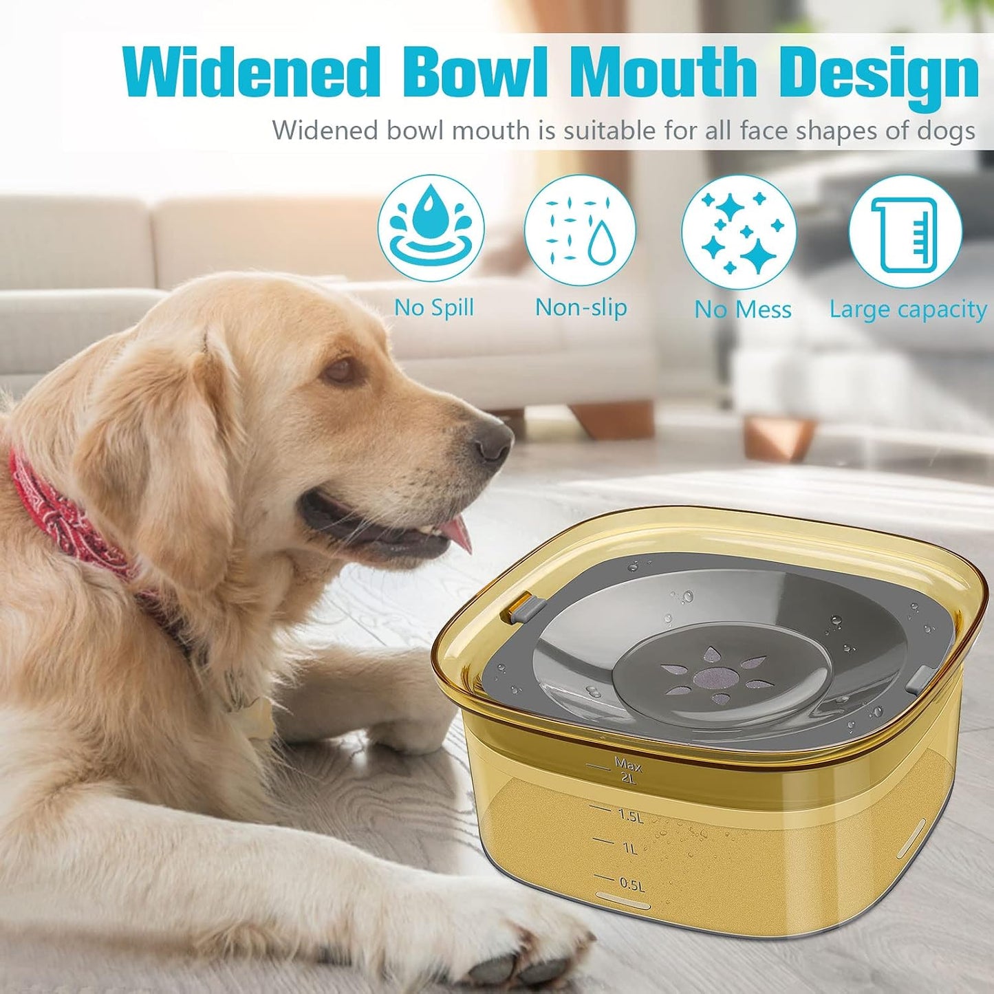 70oz Dog Water Bowl, No Spill Slow Drinking Feeder for Messy Drinker | Large Capacity, Spill Proof, Prevent Pet Prevents Choking, Anti-Slip, Visible Water Level, Suitable for Travel and Car Trips