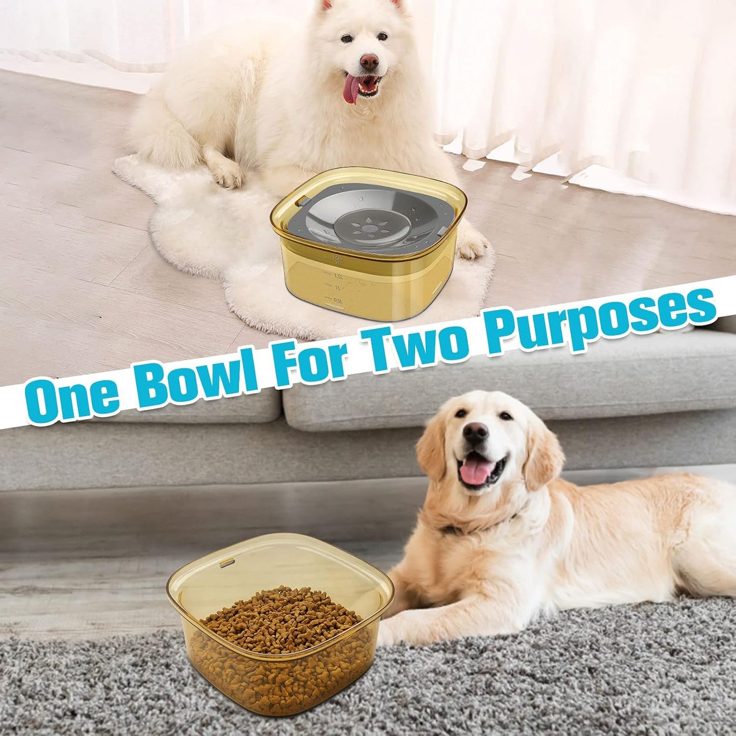 70oz Dog Water Bowl, No Spill Slow Drinking Feeder for Messy Drinker | Large Capacity, Spill Proof, Prevent Pet Prevents Choking, Anti-Slip, Visible Water Level, Suitable for Travel and Car Trips