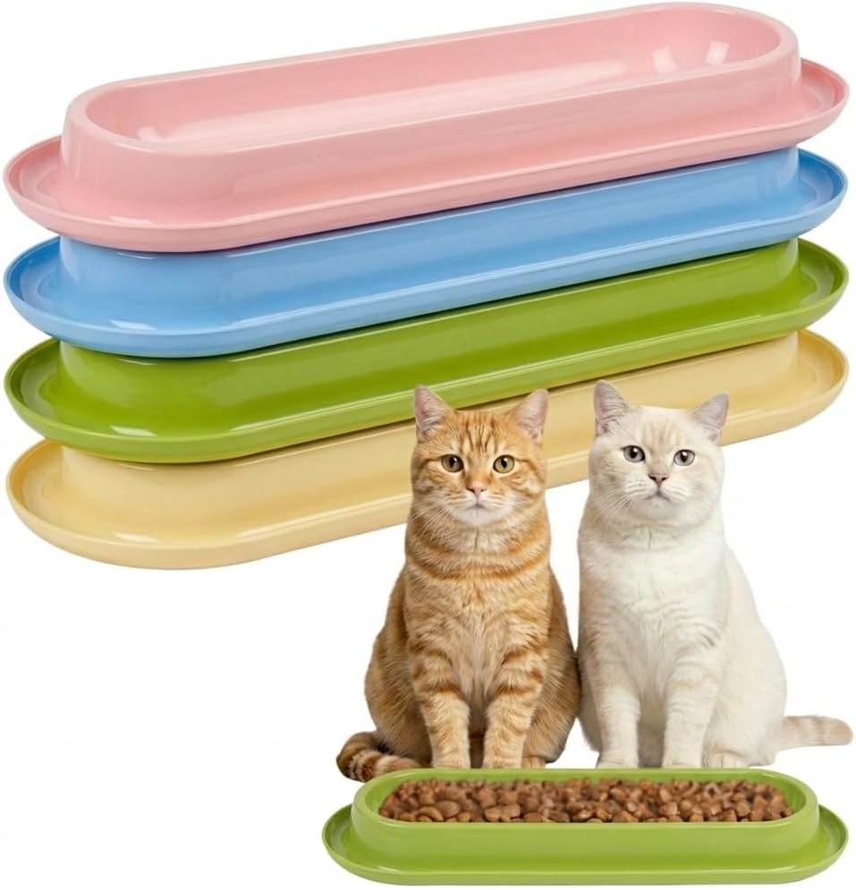 Multi-Cat Home 4-Pack, Long Pet Food Bowls, Large Capacity Non-Slip Easy Clean Dishes for Indoor & Outdoor Feeding (Pink, Yellow, Green，Blue,)