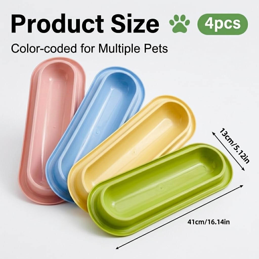 Multi-Cat Home 4-Pack, Long Pet Food Bowls, Large Capacity Non-Slip Easy Clean Dishes for Indoor & Outdoor Feeding (Pink, Yellow, Green，Blue,)