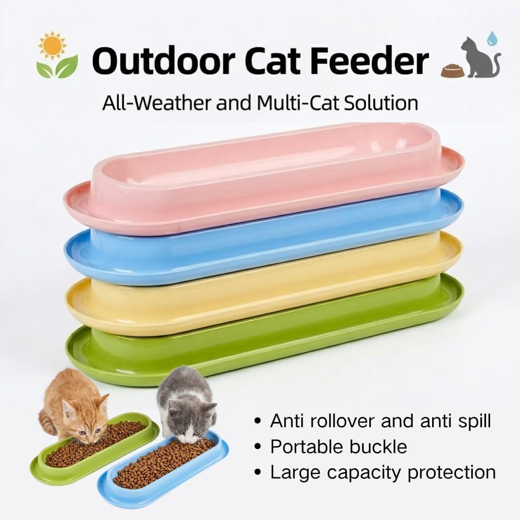Multi-Cat Home 4-Pack, Long Pet Food Bowls, Large Capacity Non-Slip Easy Clean Dishes for Indoor & Outdoor Feeding (Pink, Yellow, Green，Blue,)