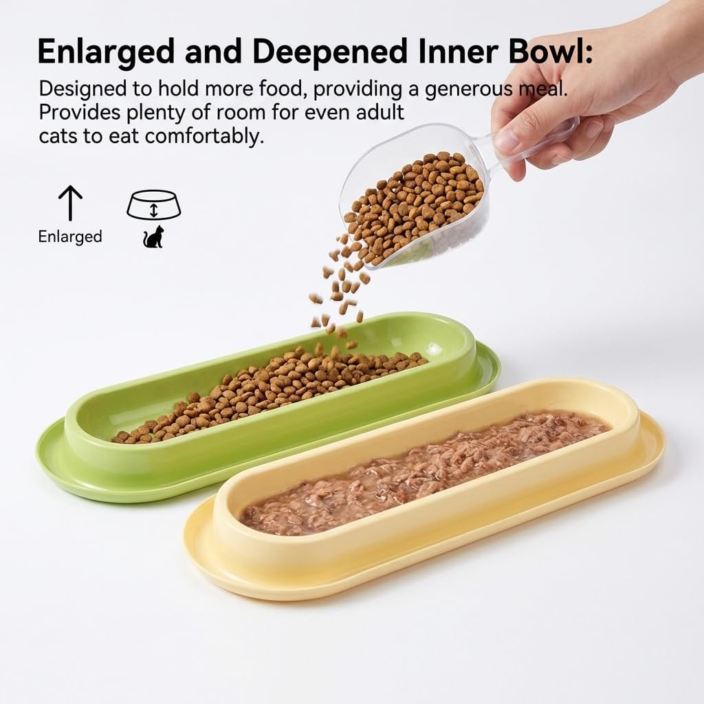 Multi-Cat Home 4-Pack, Long Pet Food Bowls, Large Capacity Non-Slip Easy Clean Dishes for Indoor & Outdoor Feeding (Pink, Yellow, Green，Blue,)
