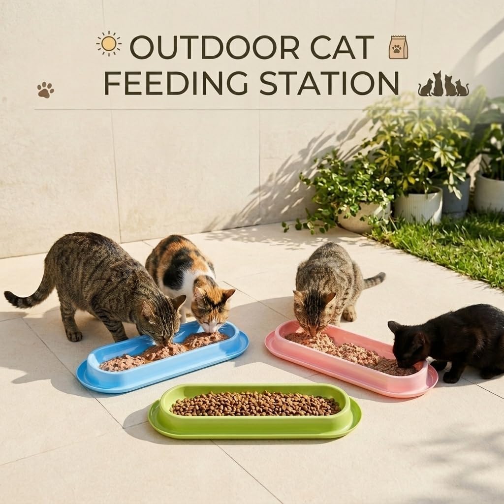 Multi-Cat Home 4-Pack, Long Pet Food Bowls, Large Capacity Non-Slip Easy Clean Dishes for Indoor & Outdoor Feeding (Pink, Yellow, Green，Blue,)