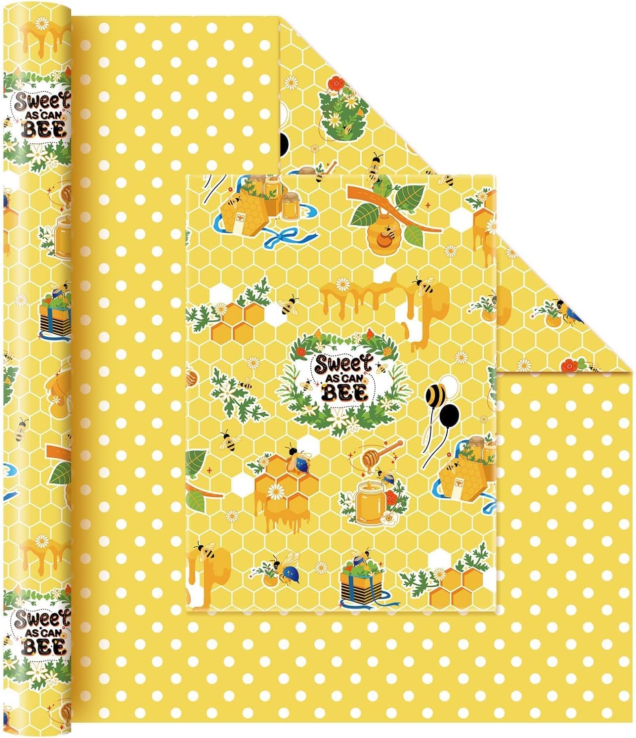 Bee Wrapping Paper Jumbo Roll - 33 ft Honey Bee Gift Wrap | Wrapping Paper Honeycomb Packing Paper for Kids Birthday Party Decoration Favor Supply, Polka Dot Reversible Yellow