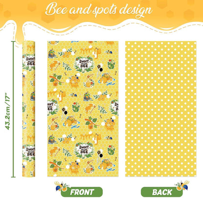 Bee Wrapping Paper Jumbo Roll - 33 ft Honey Bee Gift Wrap | Wrapping Paper Honeycomb Packing Paper for Kids Birthday Party Decoration Favor Supply, Polka Dot Reversible Yellow