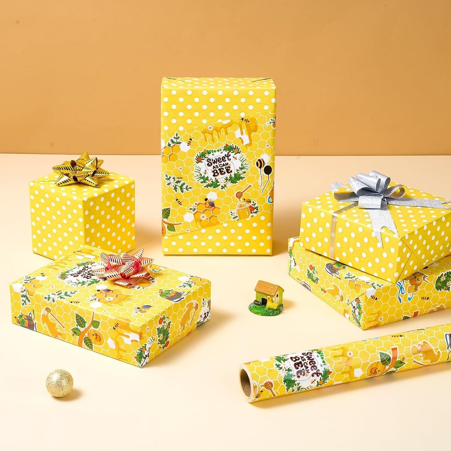 Bee Wrapping Paper Jumbo Roll - 33 ft Honey Bee Gift Wrap | Wrapping Paper Honeycomb Packing Paper for Kids Birthday Party Decoration Favor Supply, Polka Dot Reversible Yellow