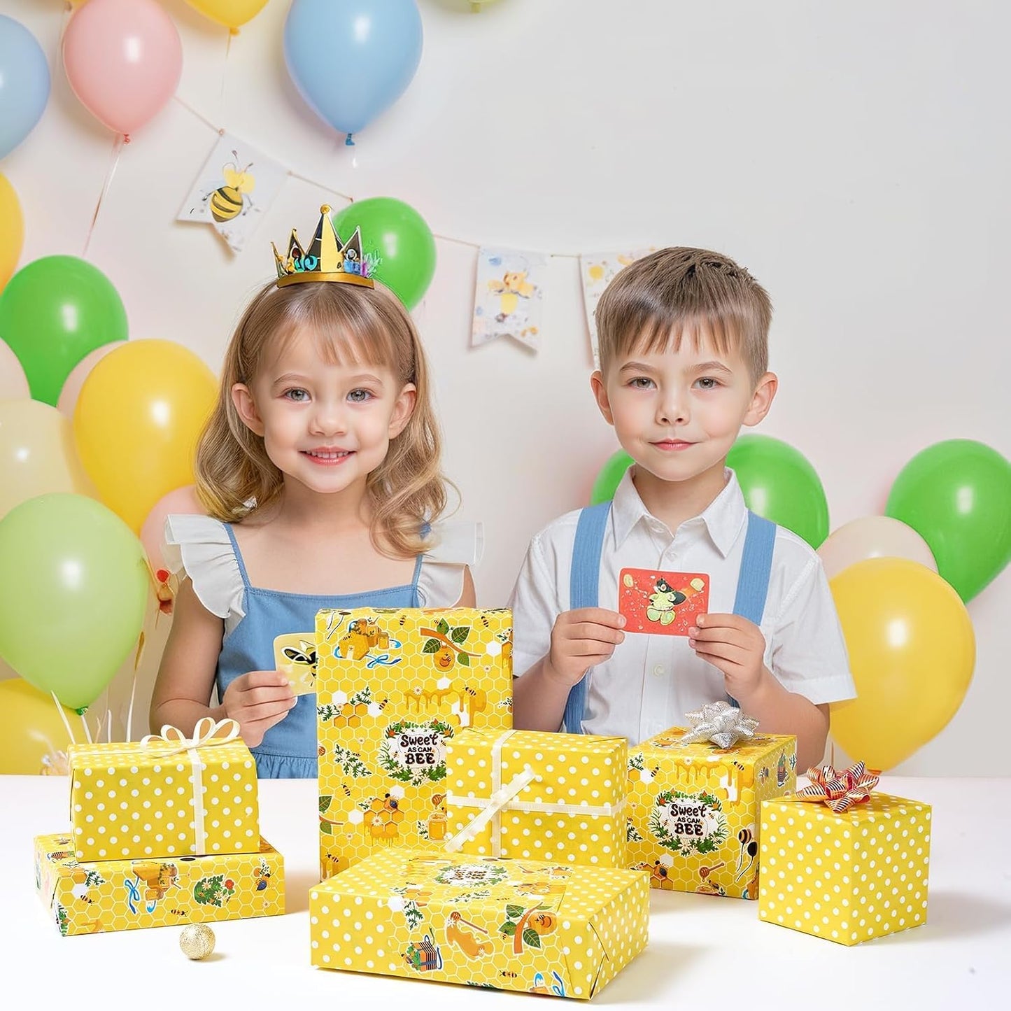 Bee Wrapping Paper Jumbo Roll - 33 ft Honey Bee Gift Wrap | Wrapping Paper Honeycomb Packing Paper for Kids Birthday Party Decoration Favor Supply, Polka Dot Reversible Yellow