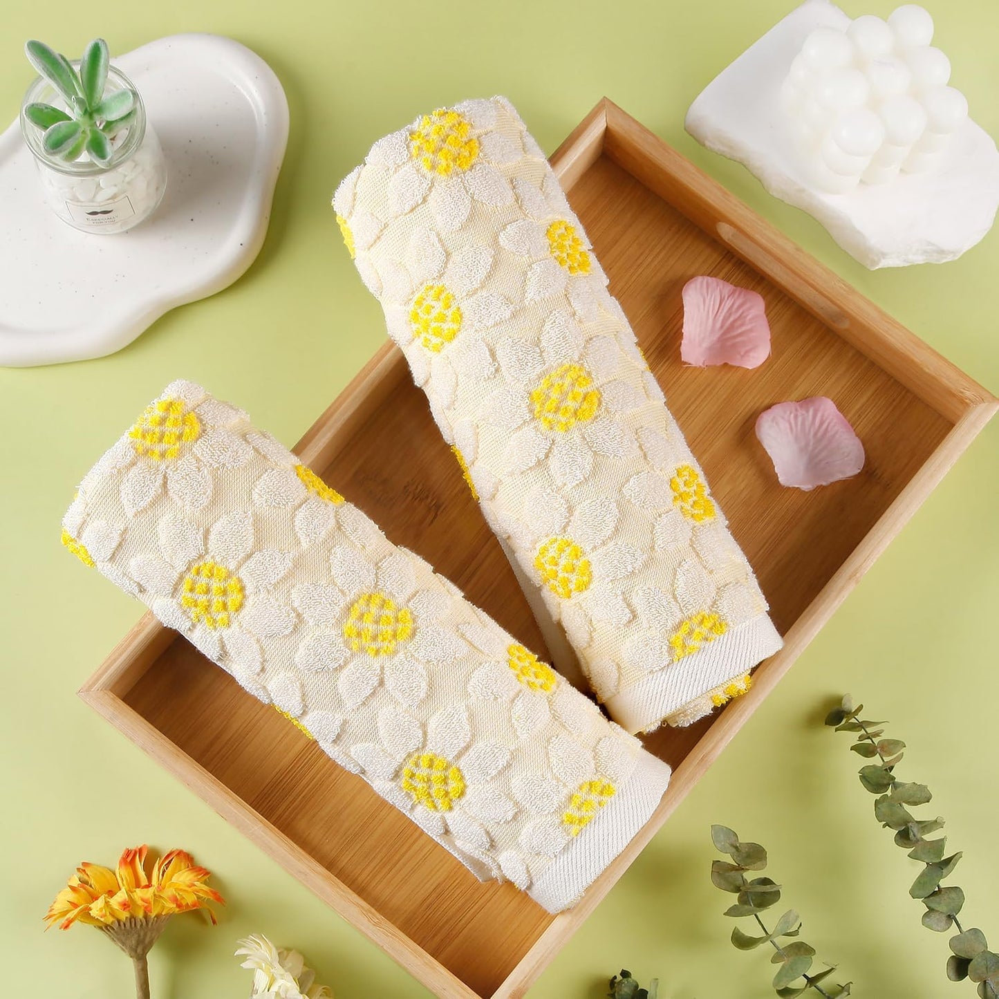 Hand Towels Yellow Summer Sunflower Spring for Bathroom Kitchen | 2 Pack Cotton Bath White Floral Farmhouse Decorative Towels Set for Drying, Cleaning, Cooking, Holiday 13.7'' x 29.5''