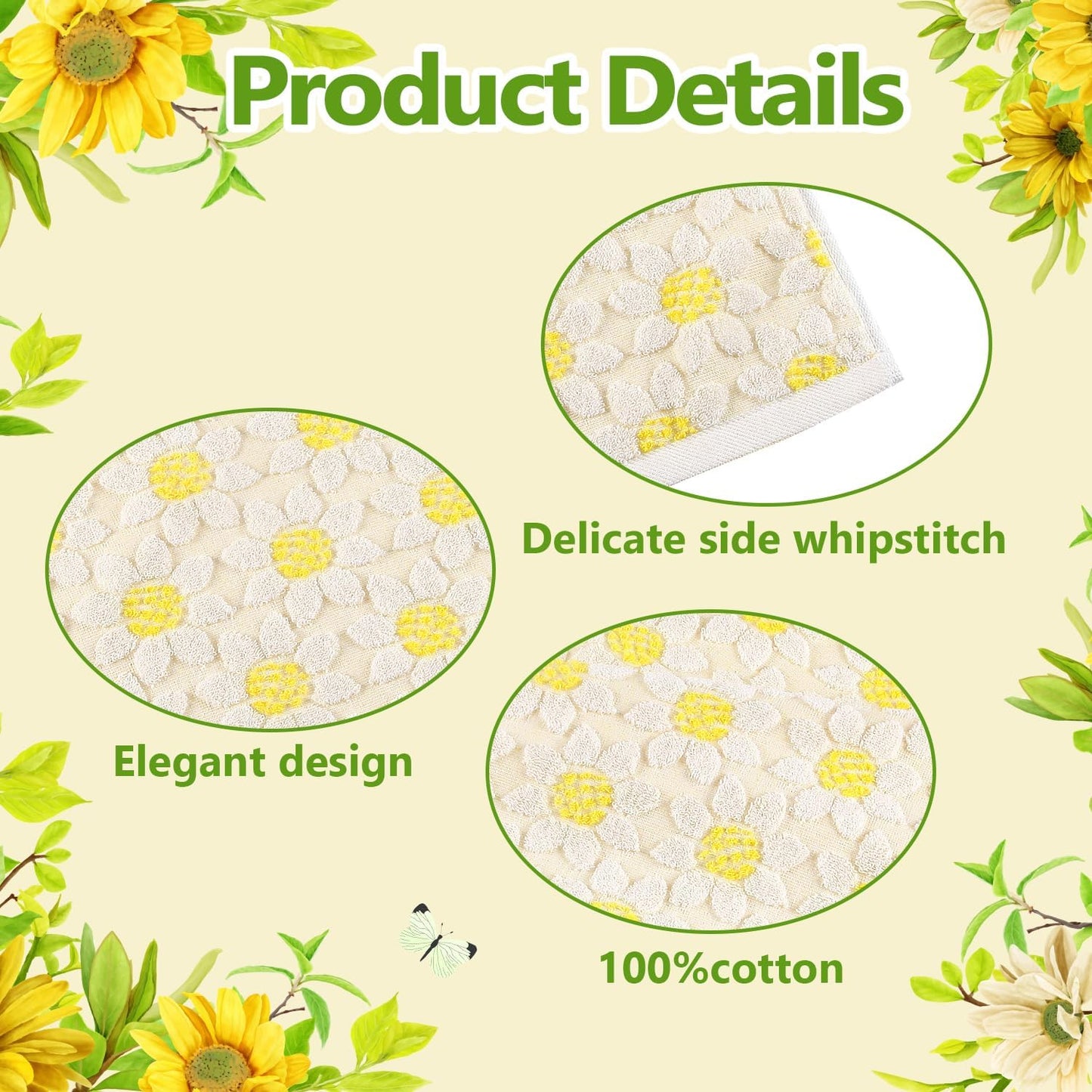 Hand Towels Yellow Summer Sunflower Spring for Bathroom Kitchen | 2 Pack Cotton Bath White Floral Farmhouse Decorative Towels Set for Drying, Cleaning, Cooking, Holiday 13.7'' x 29.5''