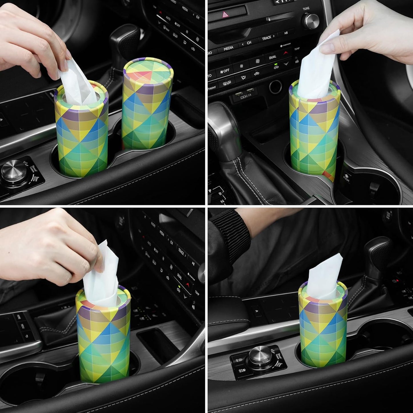 Car Tissue Holder, 4 Pack Car Cup Holder Facial Tissues with Travel Tissue Bag, Quick and Convenient Flower Combination Car Tissue Box(4 Canisters/200 Tissues) Yellow - Green
