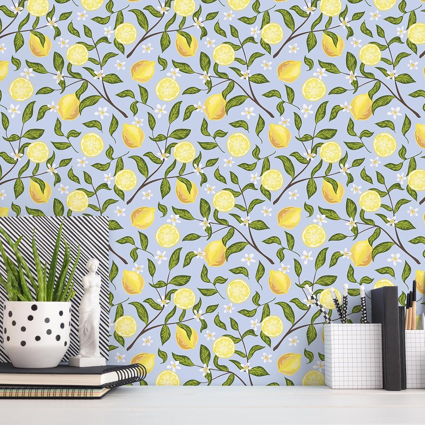 Lemon Wallpaper Stick and Peel Vintage Lemon Branches Fruit Wallpaper for Kitchen Bedroom Bathroom 17.7''x118'' Removable Self Adhesive Lemon Drop Contact Paper for Cabinets Drawers Walls