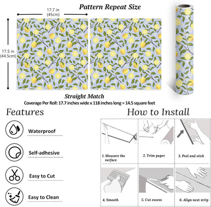 Lemon Wallpaper Stick and Peel Vintage Lemon Branches Fruit Wallpaper for Kitchen Bedroom Bathroom 17.7''x118'' Removable Self Adhesive Lemon Drop Contact Paper for Cabinets Drawers Walls