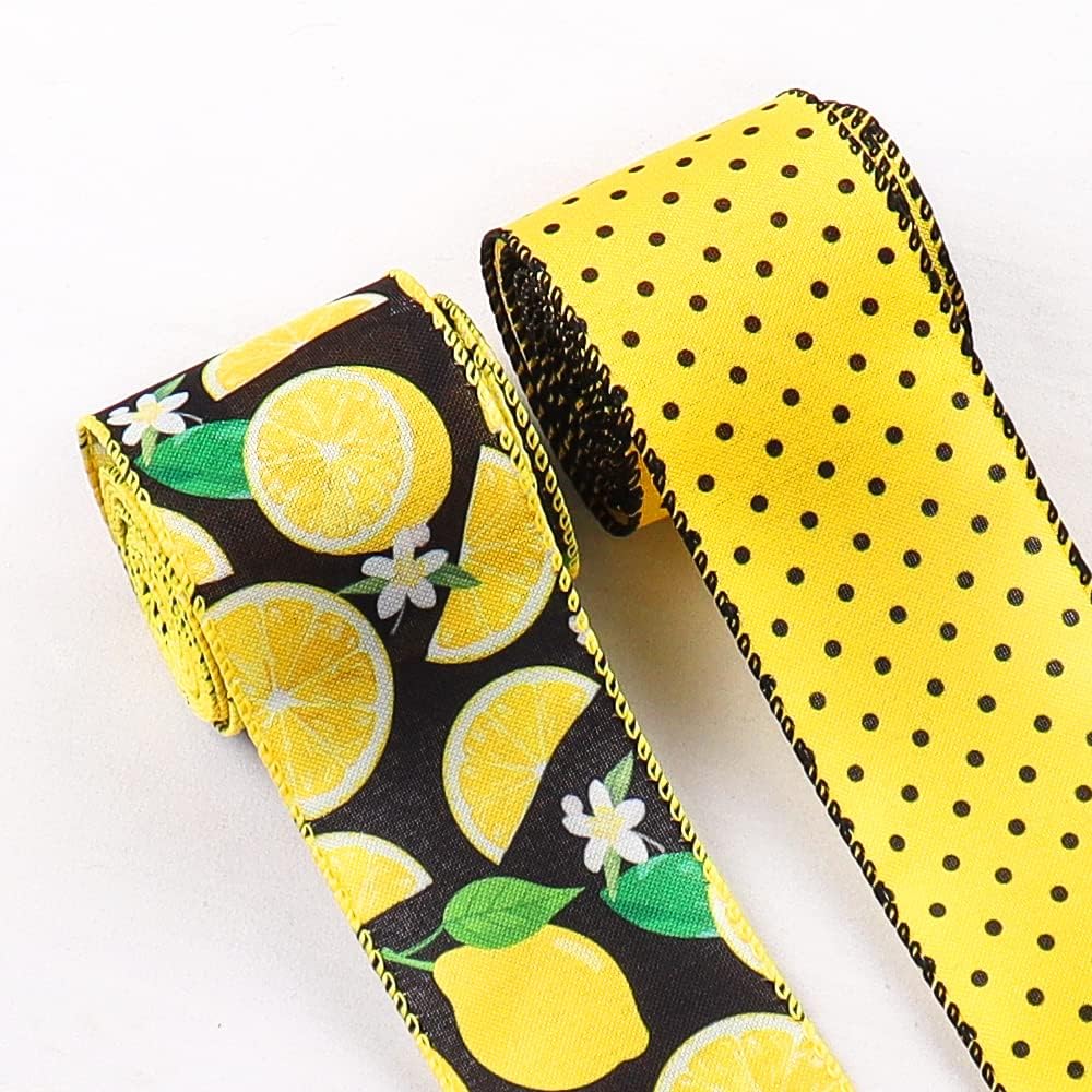 2pcs Summer Fabric Ribbons Fruits Lemons Ribbons Yellow Black Dots Decor Ribbon for Party Gift Wrapping Outdoor Hanging Decoration Supplies (2.5 Inch * 5 Yards * 2 Rolls)