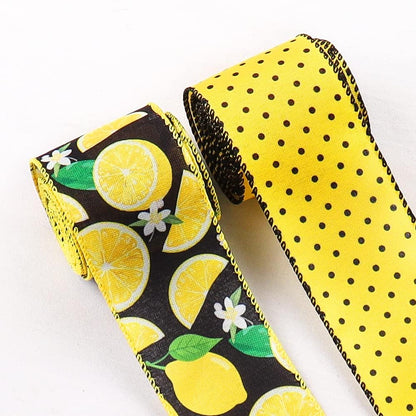2pcs Summer Fabric Ribbons Fruits Lemons Ribbons Yellow Black Dots Decor Ribbon for Party Gift Wrapping Outdoor Hanging Decoration Supplies (2.5 Inch * 5 Yards * 2 Rolls)