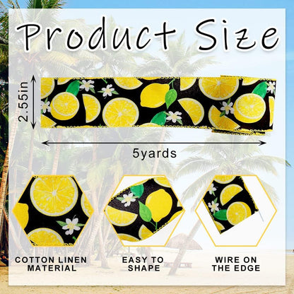 2pcs Summer Fabric Ribbons Fruits Lemons Ribbons Yellow Black Dots Decor Ribbon for Party Gift Wrapping Outdoor Hanging Decoration Supplies (2.5 Inch * 5 Yards * 2 Rolls)