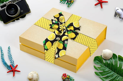2pcs Summer Fabric Ribbons Fruits Lemons Ribbons Yellow Black Dots Decor Ribbon for Party Gift Wrapping Outdoor Hanging Decoration Supplies (2.5 Inch * 5 Yards * 2 Rolls)