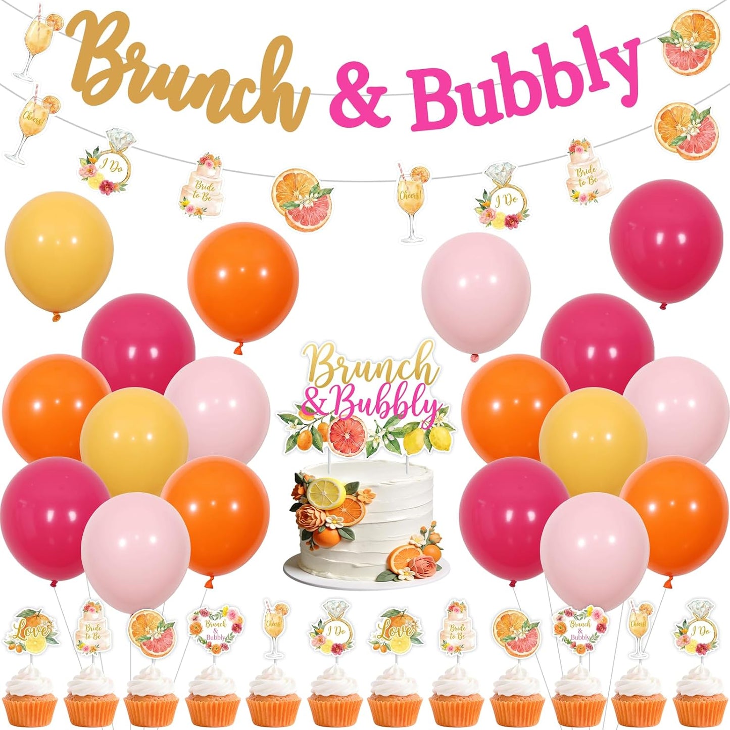 Citrus Bridal Brunch Decoration Set Orange Lemon Bridal Shower Party Kit with Banner Garland Cake Topper Cupcake Toppers Balloons for Citrus Theme Bridal Brunch Celebration