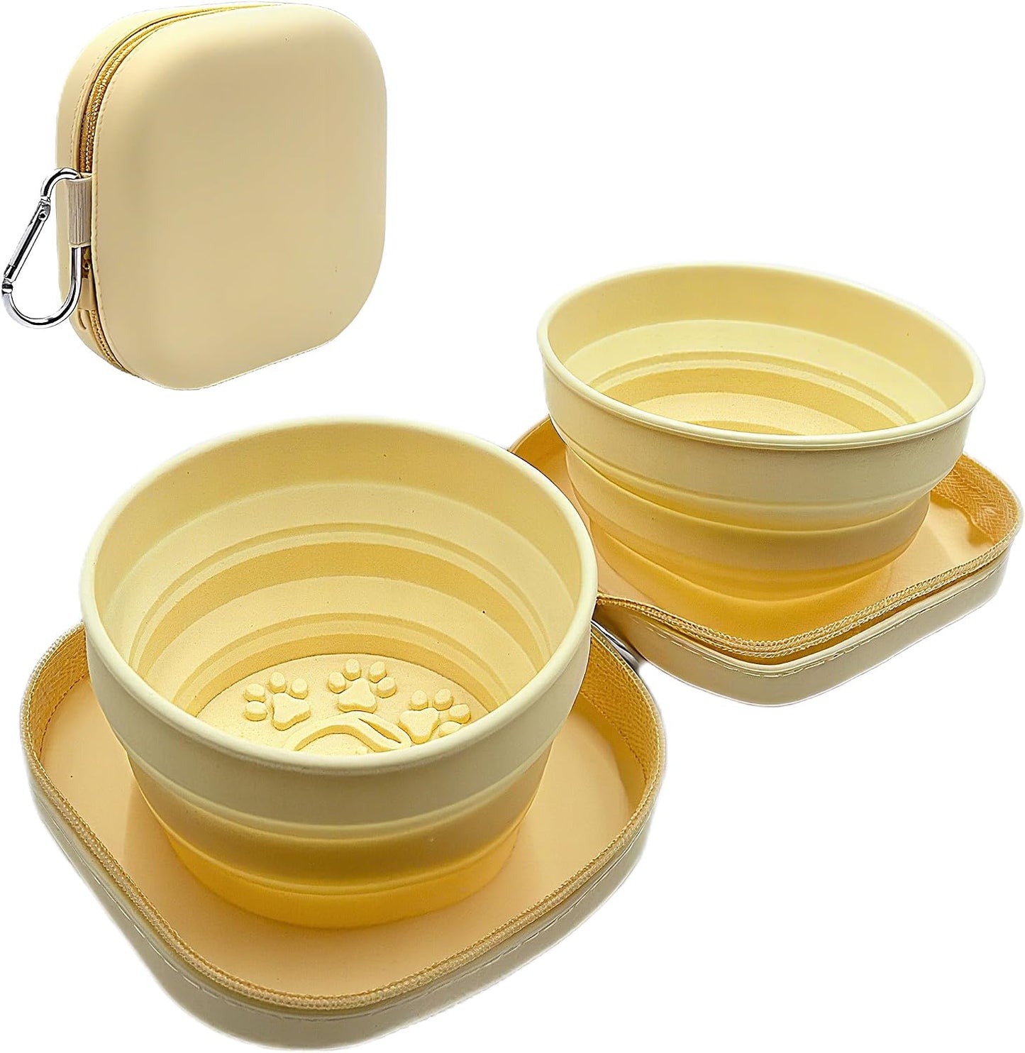 Portable Dog Bowl, Collapsible 2-in-1 Travel Dog Bowls with Carabiner Clip, Silicone Double Pet Food and Water Dish for Outdoor Camping and Hiking (Yellow)