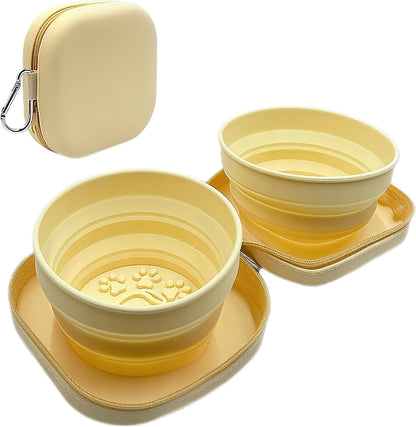 Portable Dog Bowl, Collapsible 2-in-1 Travel Dog Bowls with Carabiner Clip, Silicone Double Pet Food and Water Dish for Outdoor Camping and Hiking (Yellow)