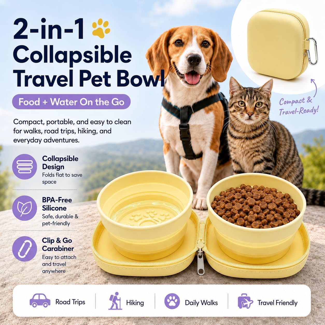 Portable Dog Bowl, Collapsible 2-in-1 Travel Dog Bowls with Carabiner Clip, Silicone Double Pet Food and Water Dish for Outdoor Camping and Hiking (Yellow)