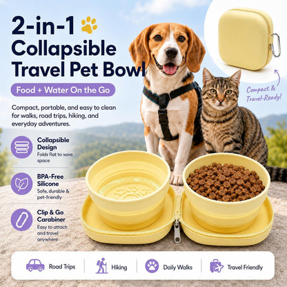 Portable Dog Bowl, Collapsible 2-in-1 Travel Dog Bowls with Carabiner Clip, Silicone Double Pet Food and Water Dish for Outdoor Camping and Hiking (Yellow)