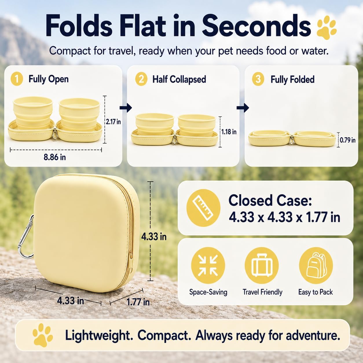 Portable Dog Bowl, Collapsible 2-in-1 Travel Dog Bowls with Carabiner Clip, Silicone Double Pet Food and Water Dish for Outdoor Camping and Hiking (Yellow)