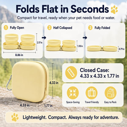 Portable Dog Bowl, Collapsible 2-in-1 Travel Dog Bowls with Carabiner Clip, Silicone Double Pet Food and Water Dish for Outdoor Camping and Hiking (Yellow)