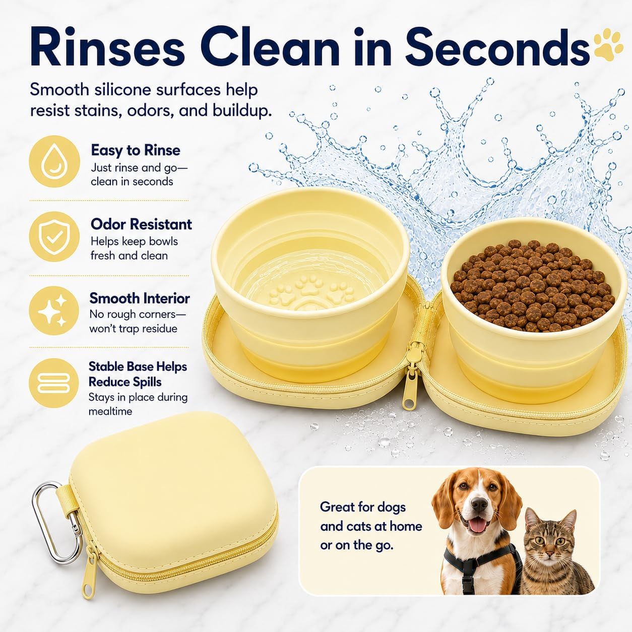 Portable Dog Bowl, Collapsible 2-in-1 Travel Dog Bowls with Carabiner Clip, Silicone Double Pet Food and Water Dish for Outdoor Camping and Hiking (Yellow)