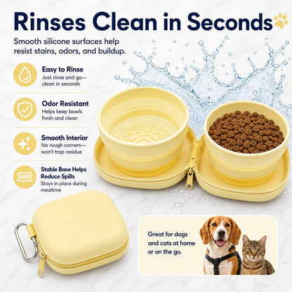 Portable Dog Bowl, Collapsible 2-in-1 Travel Dog Bowls with Carabiner Clip, Silicone Double Pet Food and Water Dish for Outdoor Camping and Hiking (Yellow)