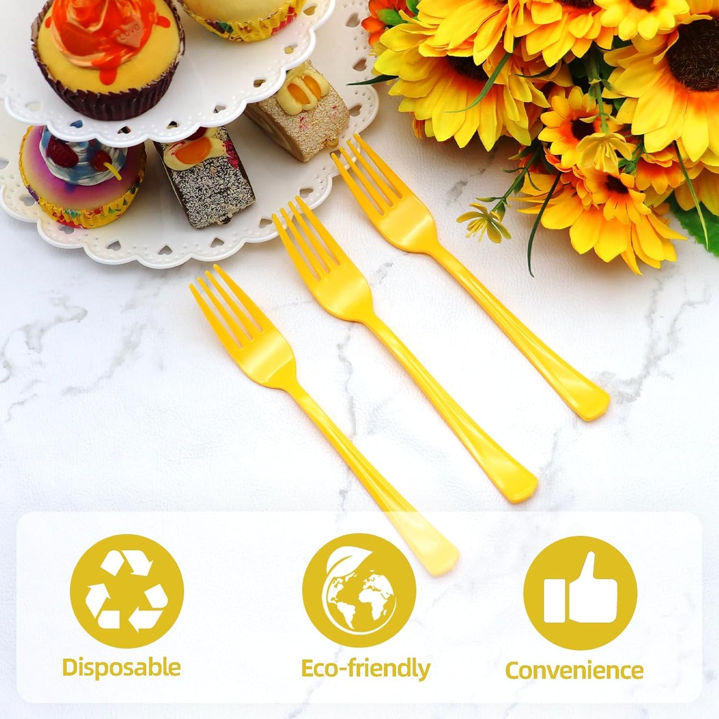 50 Pcs Yellow Plastic Forks Yellow Plastic Silverware Heavy Duty Plastic Cutlery Set Disposable Include 50 Plastic Forks for Birthday, Wedding, Easter, Garden Party