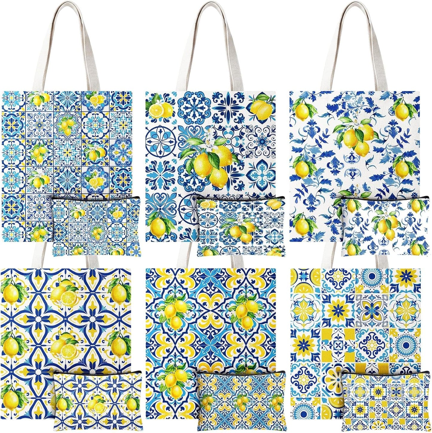 12 Pack Italian Lemon Gift Bags Set Amalfi Coast Lemon Tote Bag and Zippered Makeup Pouch Reusable Canvas Capri Lemons Handbag Mediterranean Souvenir Gift for Women Wedding Summer Beach Travel