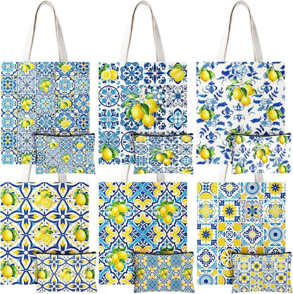 12 Pack Italian Lemon Gift Bags Set Amalfi Coast Lemon Tote Bag and Zippered Makeup Pouch Reusable Canvas Capri Lemons Handbag Mediterranean Souvenir Gift for Women Wedding Summer Beach Travel
