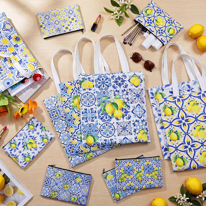 12 Pack Italian Lemon Gift Bags Set Amalfi Coast Lemon Tote Bag and Zippered Makeup Pouch Reusable Canvas Capri Lemons Handbag Mediterranean Souvenir Gift for Women Wedding Summer Beach Travel
