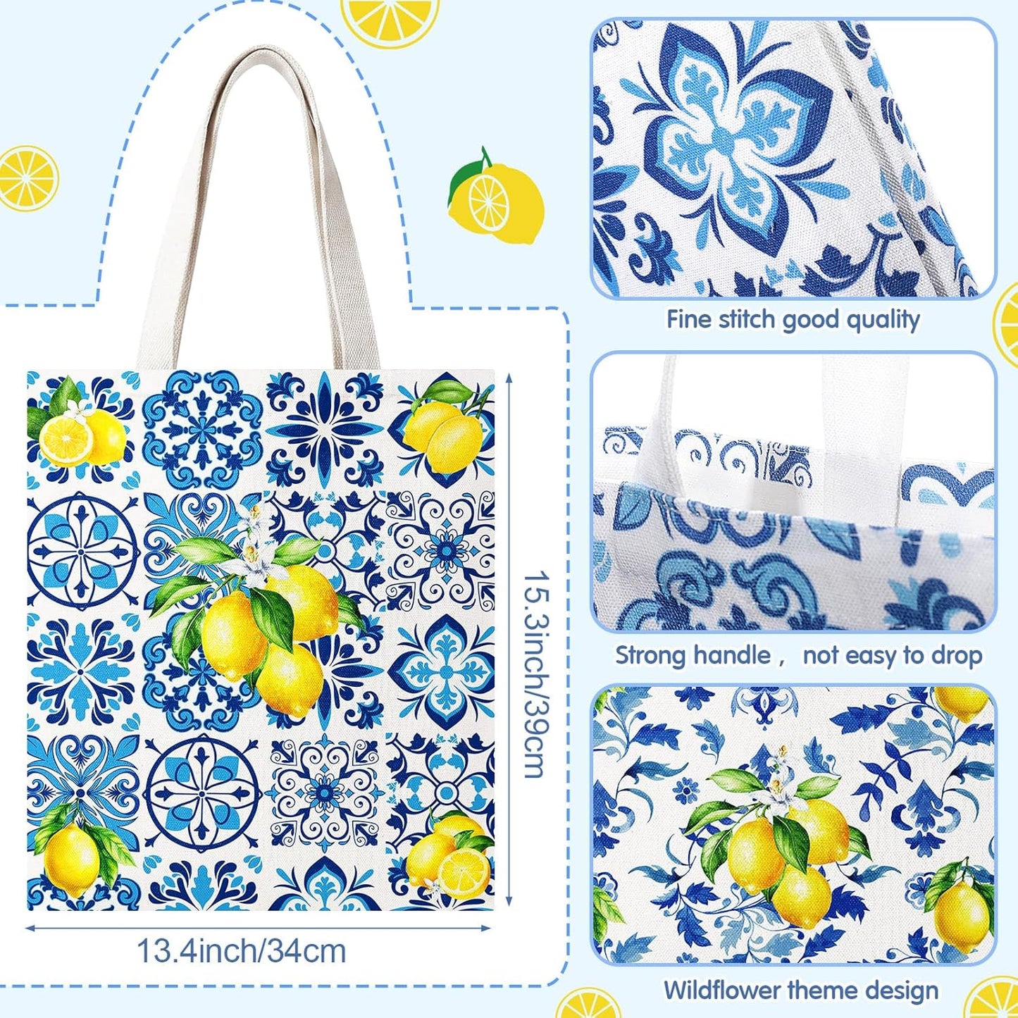 12 Pack Italian Lemon Gift Bags Set Amalfi Coast Lemon Tote Bag and Zippered Makeup Pouch Reusable Canvas Capri Lemons Handbag Mediterranean Souvenir Gift for Women Wedding Summer Beach Travel
