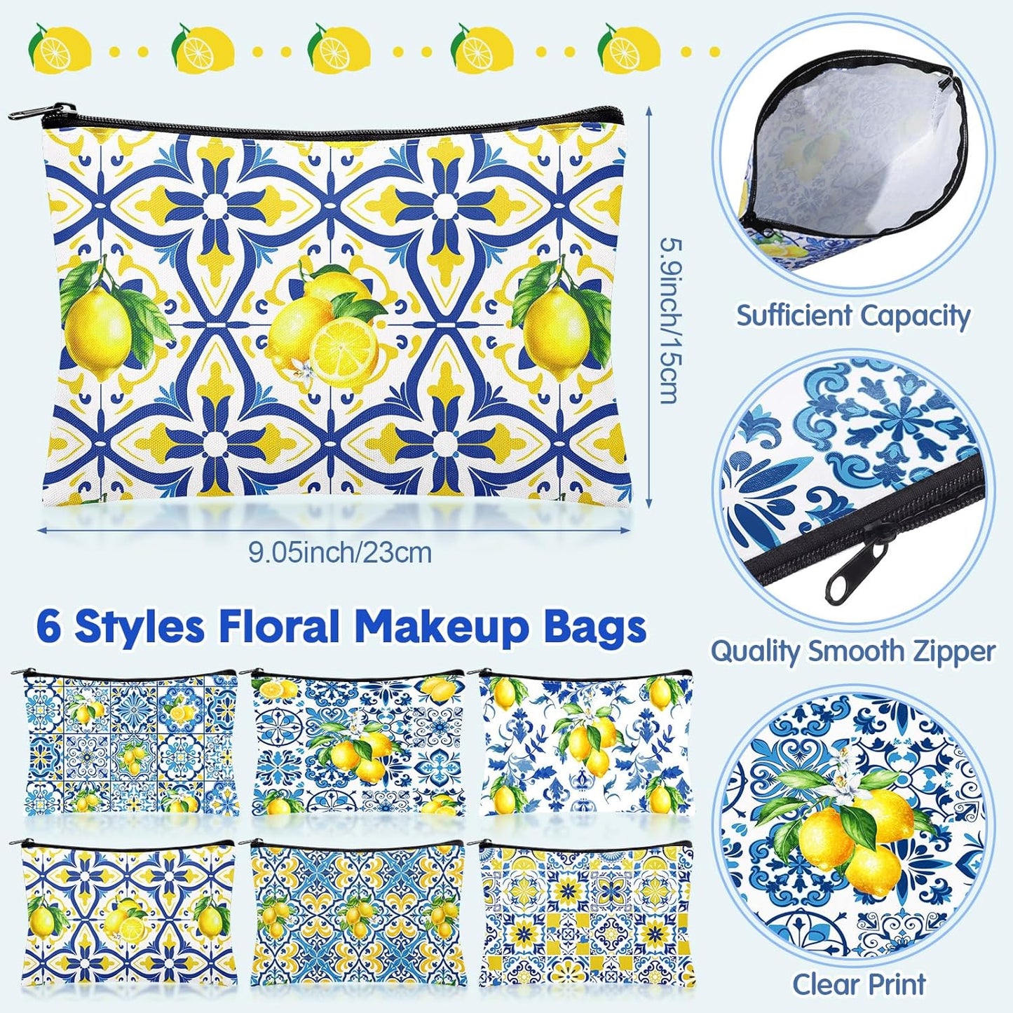 12 Pack Italian Lemon Gift Bags Set Amalfi Coast Lemon Tote Bag and Zippered Makeup Pouch Reusable Canvas Capri Lemons Handbag Mediterranean Souvenir Gift for Women Wedding Summer Beach Travel