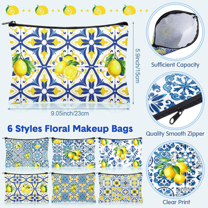 12 Pack Italian Lemon Gift Bags Set Amalfi Coast Lemon Tote Bag and Zippered Makeup Pouch Reusable Canvas Capri Lemons Handbag Mediterranean Souvenir Gift for Women Wedding Summer Beach Travel