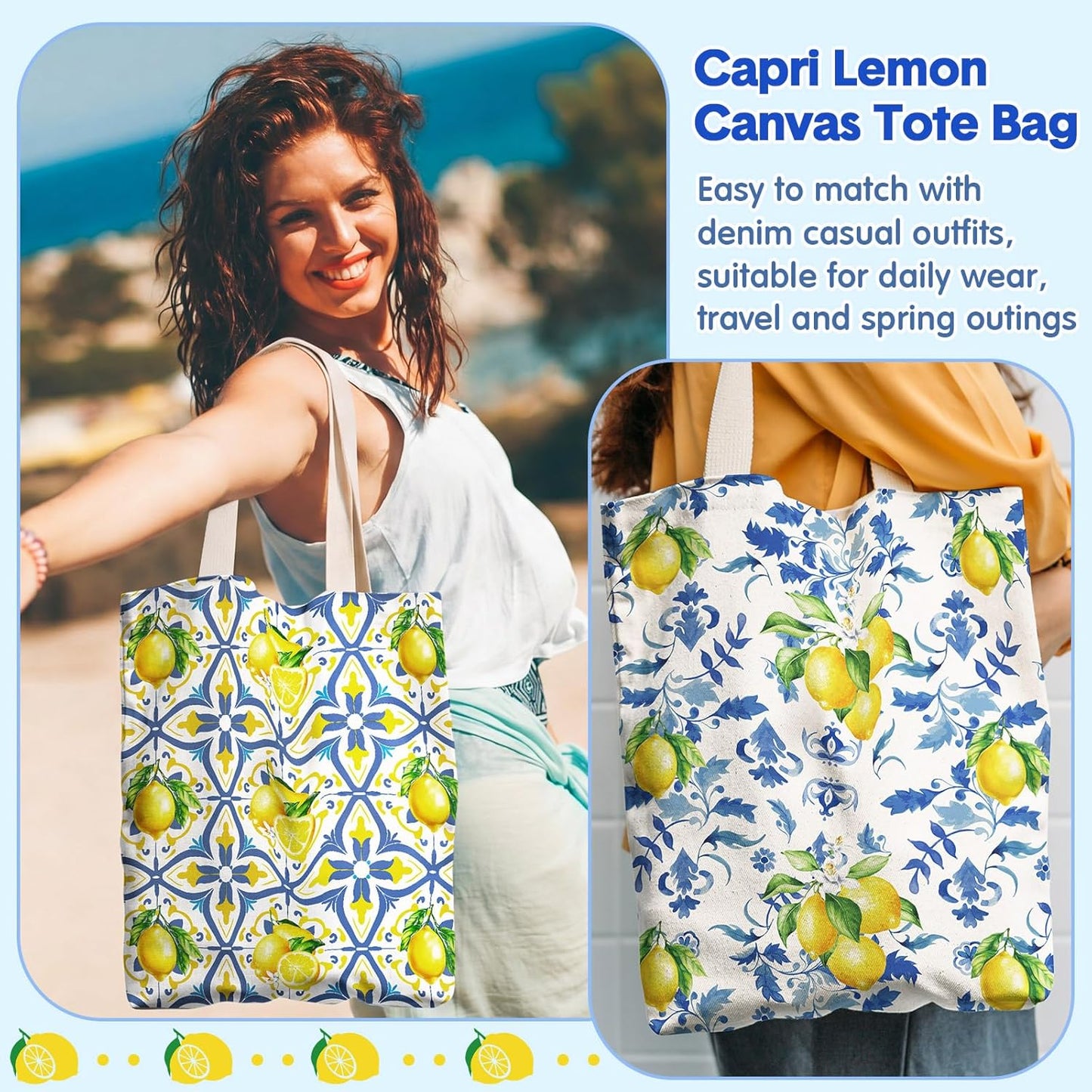 12 Pack Italian Lemon Gift Bags Set Amalfi Coast Lemon Tote Bag and Zippered Makeup Pouch Reusable Canvas Capri Lemons Handbag Mediterranean Souvenir Gift for Women Wedding Summer Beach Travel