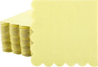 100 Pcs Scalloped Cocktail Napkins Thick Paper Disposable Party Napkins Beverage Tissue for Wedding Dinner Birthday Supplies, 5 x 5 Inches(Yellow)