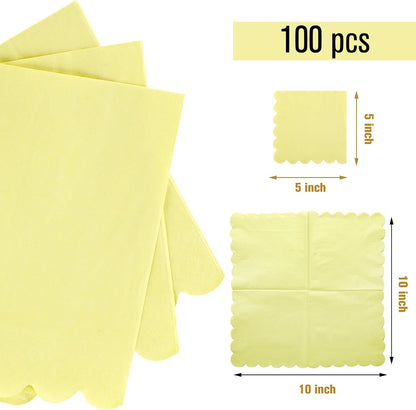 100 Pcs Scalloped Cocktail Napkins Thick Paper Disposable Party Napkins Beverage Tissue for Wedding Dinner Birthday Supplies, 5 x 5 Inches(Yellow)