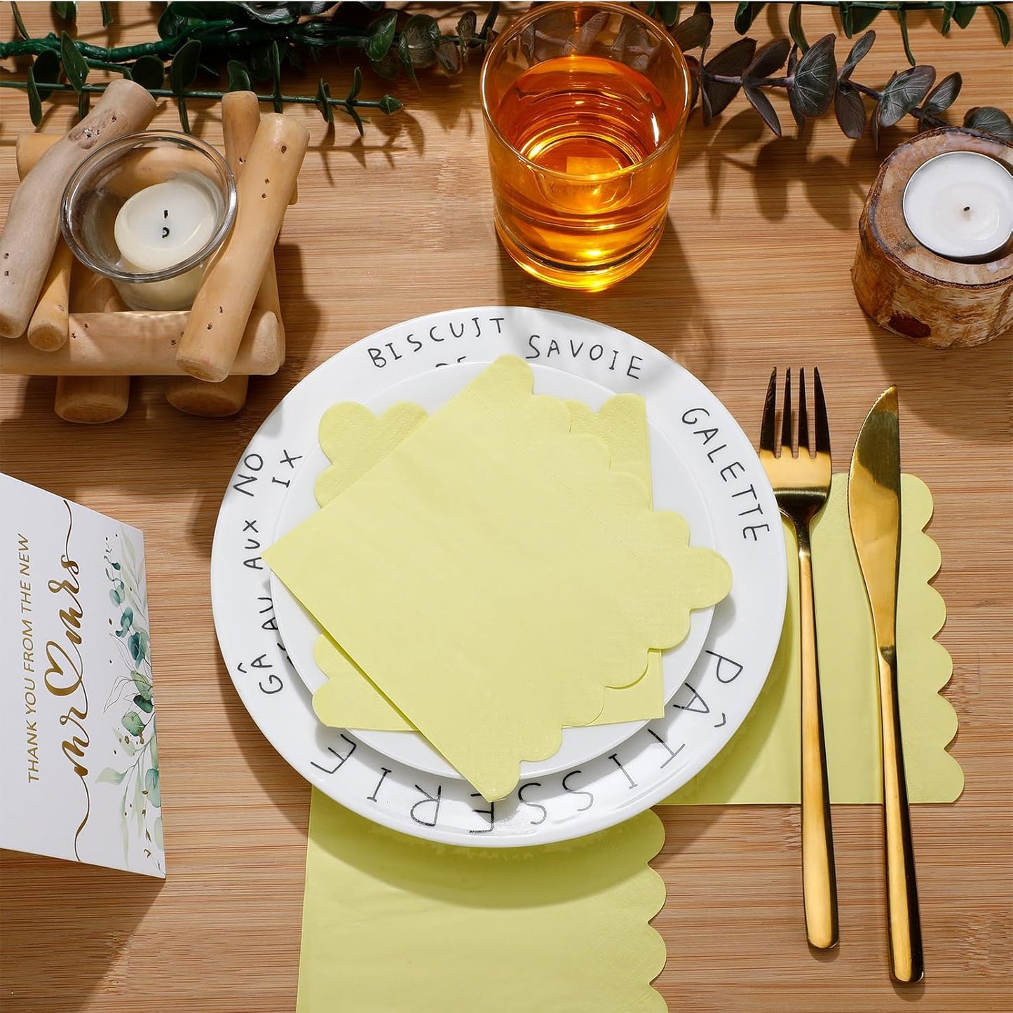 100 Pcs Scalloped Cocktail Napkins Thick Paper Disposable Party Napkins Beverage Tissue for Wedding Dinner Birthday Supplies, 5 x 5 Inches(Yellow)