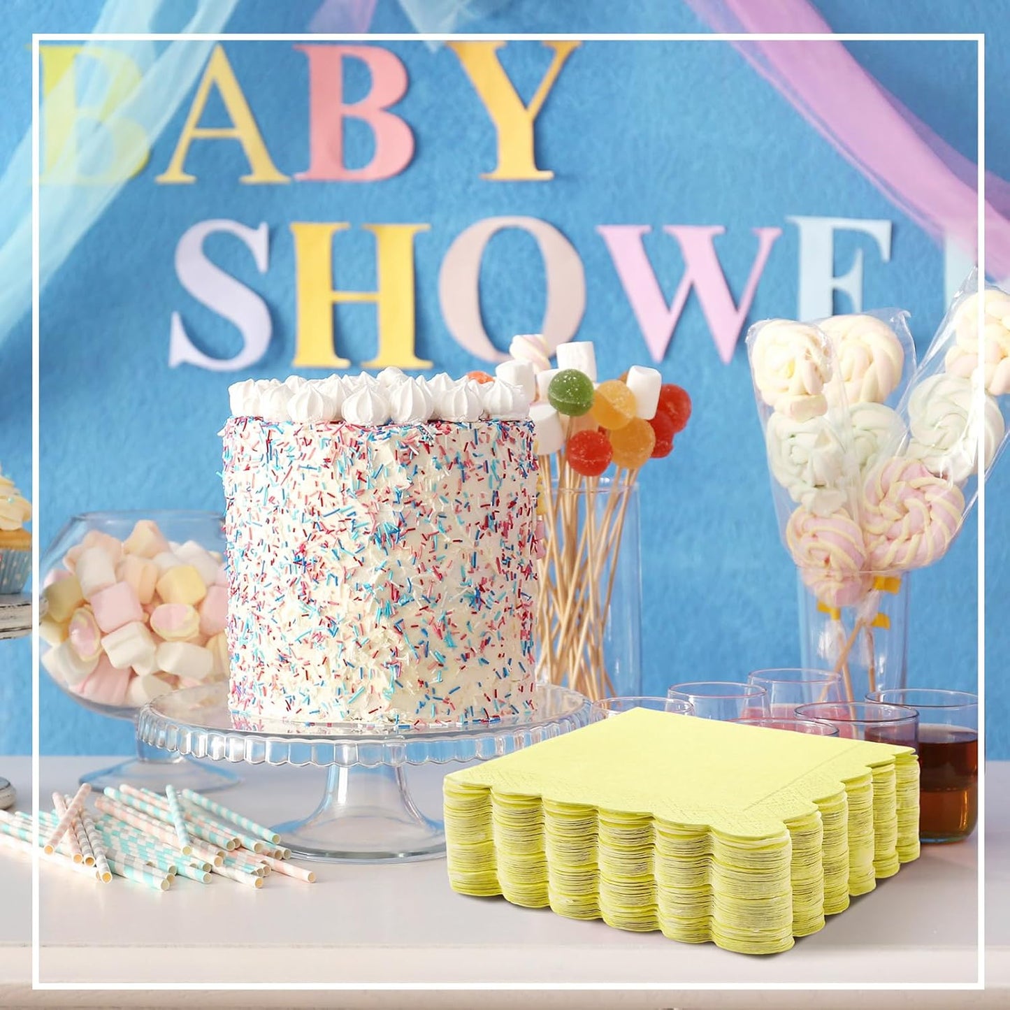 100 Pcs Scalloped Cocktail Napkins Thick Paper Disposable Party Napkins Beverage Tissue for Wedding Dinner Birthday Supplies, 5 x 5 Inches(Yellow)