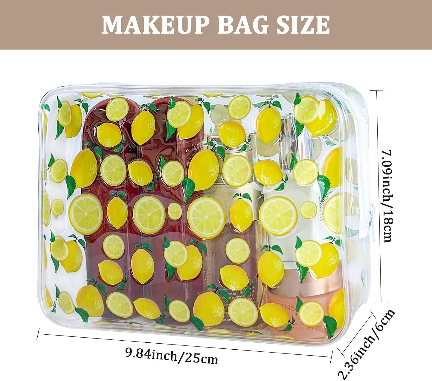2PCS Lemon Transparent PVC Cosmetic Bag, Portable Waterproof Storage Bag Tsa Approved Toiletry Bag for Girls' Cosmetics and Toiletries. (Lemon Printing-2pcs, D1184-B033-4)