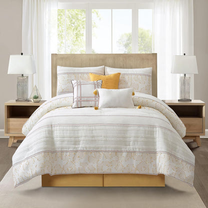 White Yellow Jacquard Comforter Set Queen Size, 7 Piece Striped Bedding Set, All Season Home Decor, Matching Pillow Shams, Bedskirt, Decorative Pillows