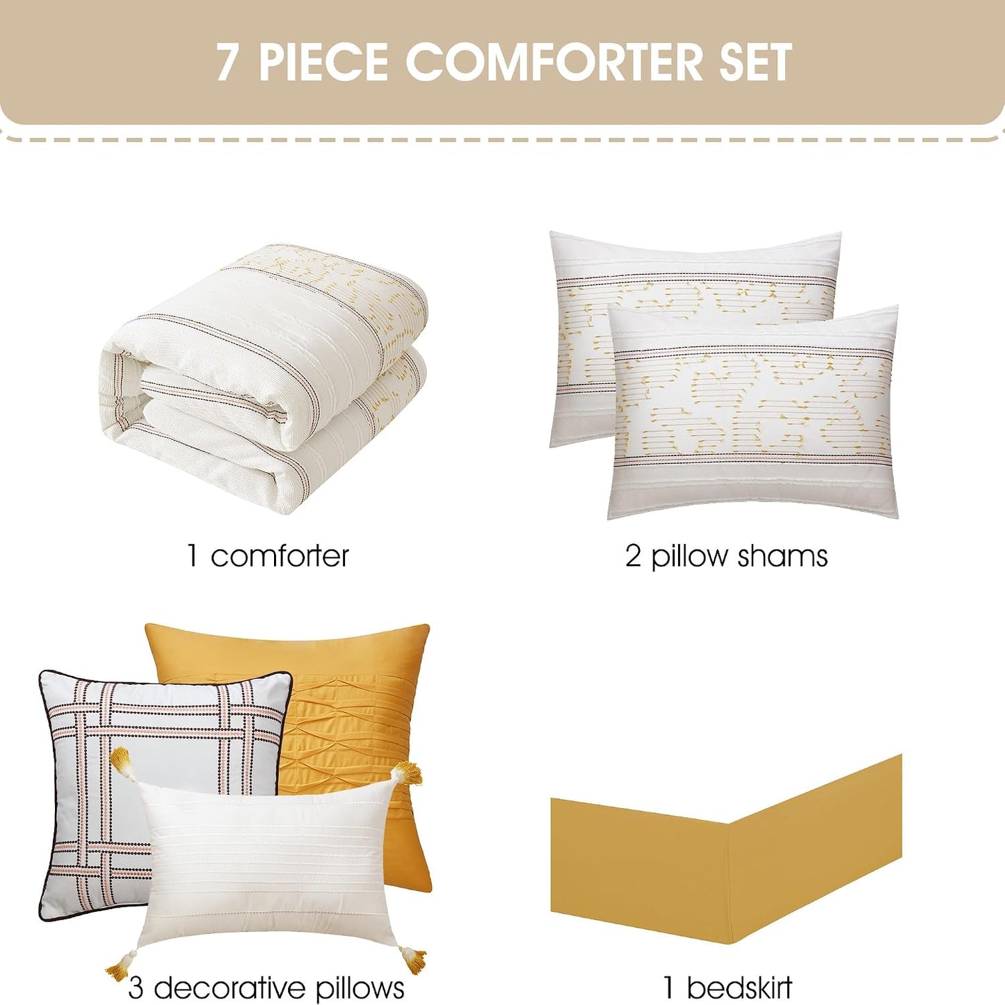 White Yellow Jacquard Comforter Set Queen Size, 7 Piece Striped Bedding Set, All Season Home Decor, Matching Pillow Shams, Bedskirt, Decorative Pillows