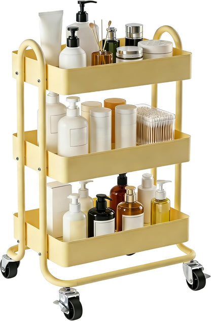 3 Tier Metal Rolling Cart, Utility Storage Cart Shelf Organizer with Wheels for Home & Office, Light Yellow