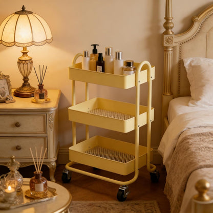 3 Tier Metal Rolling Cart, Utility Storage Cart Shelf Organizer with Wheels for Home & Office, Light Yellow