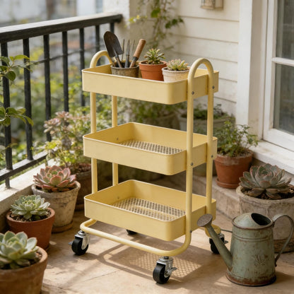 3 Tier Metal Rolling Cart, Utility Storage Cart Shelf Organizer with Wheels for Home & Office, Light Yellow